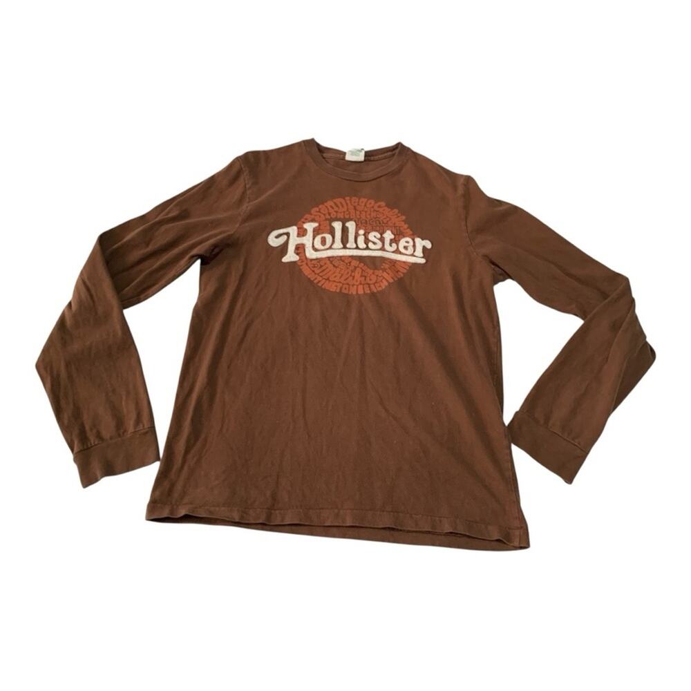 Hollister mens large long sleeve shirt brown logo surf y2k 90s preppy